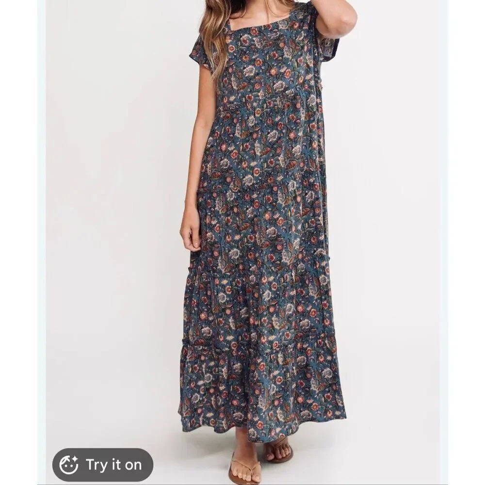 Natural Life Berkley Tiered Paisley Maxi Dress Teal Fall Colors Capped Sleeve -